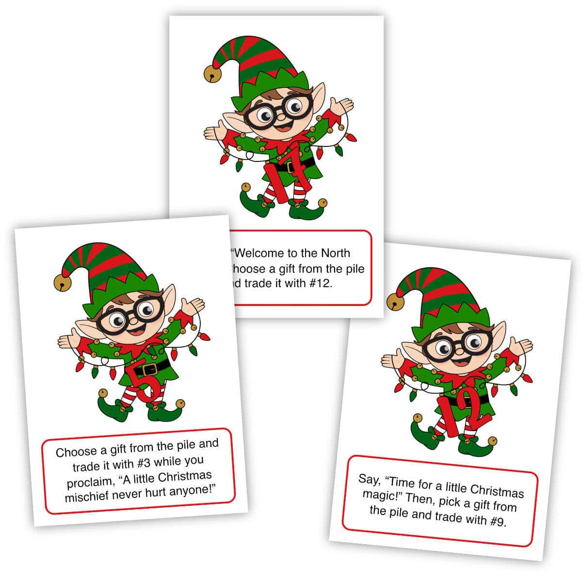 Image of three printable game cards for an Elf gift exchange game.