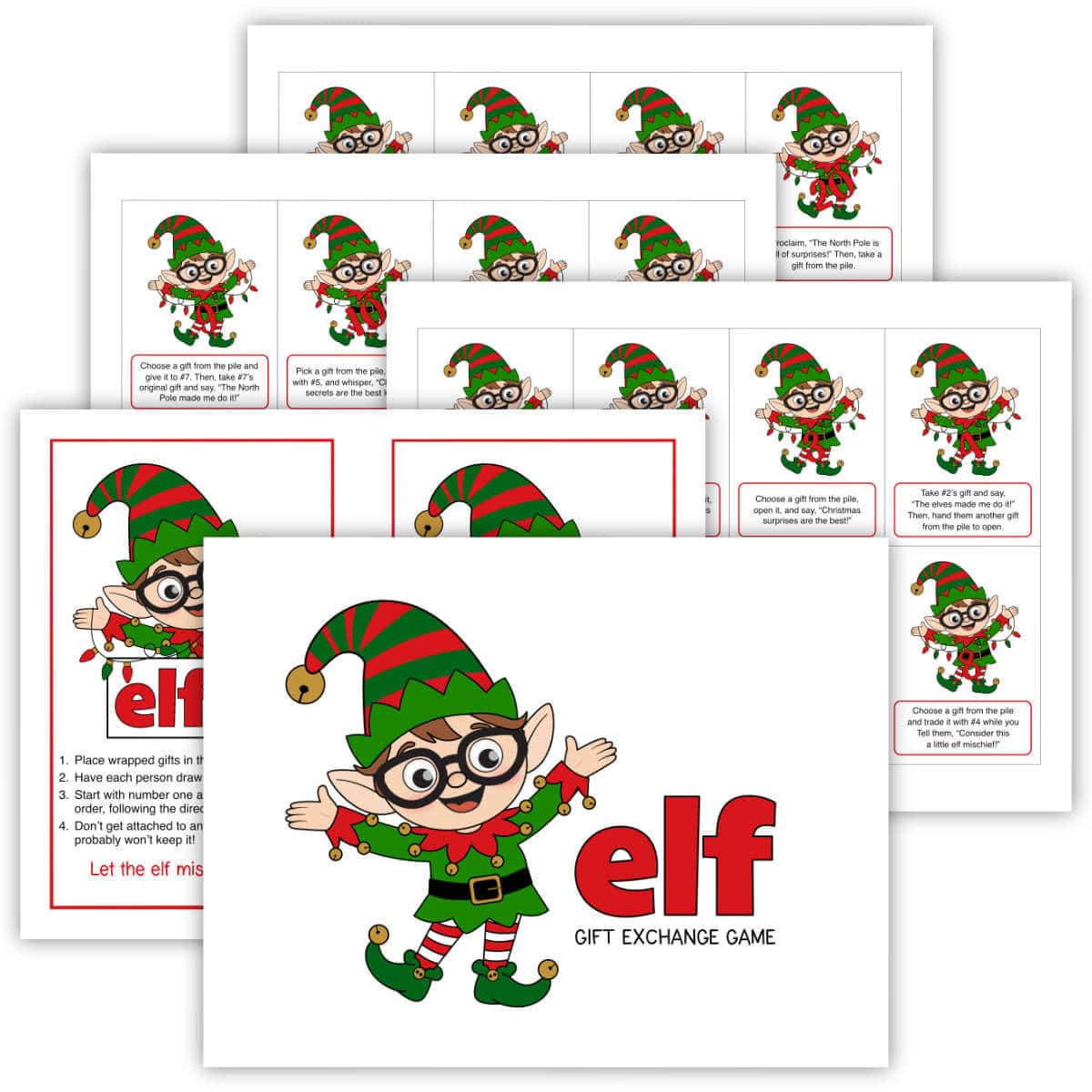 Image of printable pages for the Elf Gift Exchange Game.