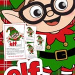 Image of a clipart elf wearing glasses next to printable Elf Gift Exchange Game Rules and a few numbered cards.