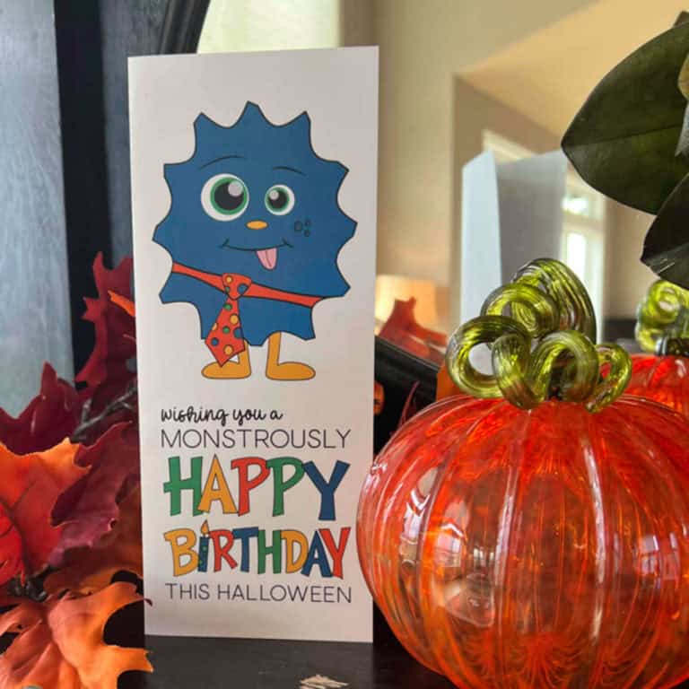 Printable card for a Halloween Birthday with a cute monster on it.