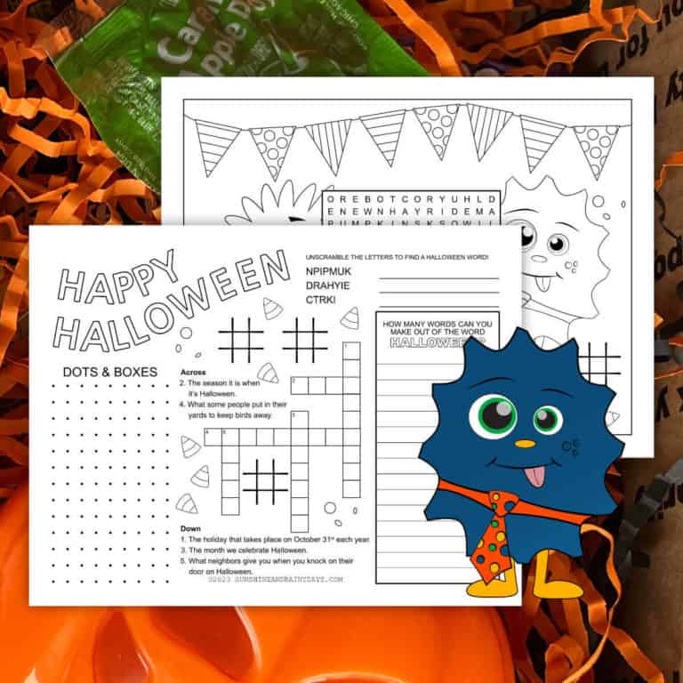 Printable Halloween Activity Placemat with a Halloween background.