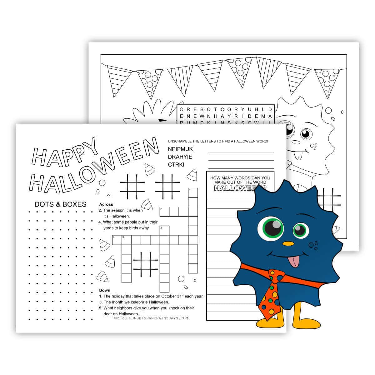 Printable two-page Halloween placemat with a cute monster clipart.