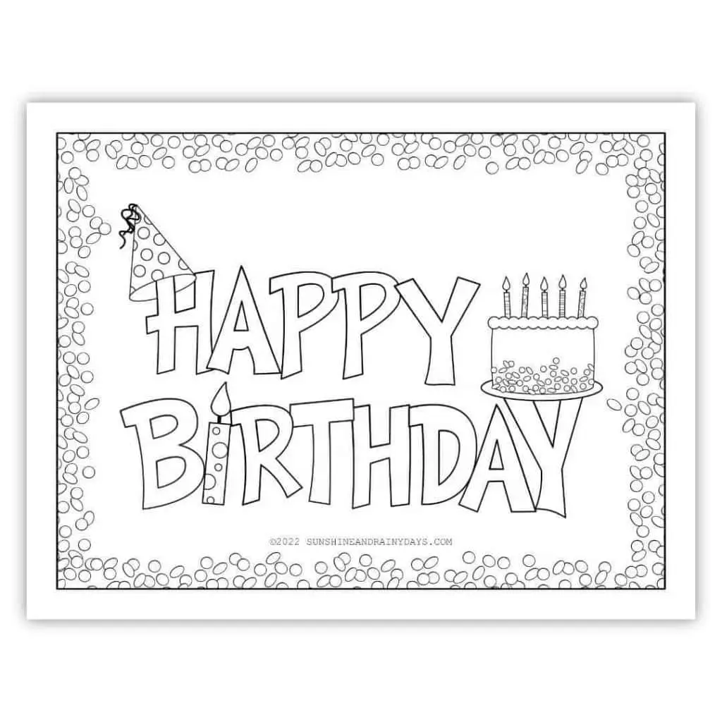 Happy Birthday Coloring Page With Birthday Cake, Party Hat, and Sprinkles
