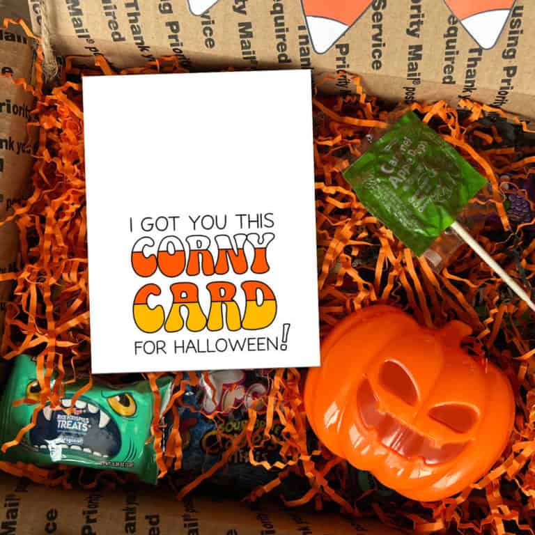 Printable I Got You This Corny Card For Halloween card in a box full of Halloween treats.