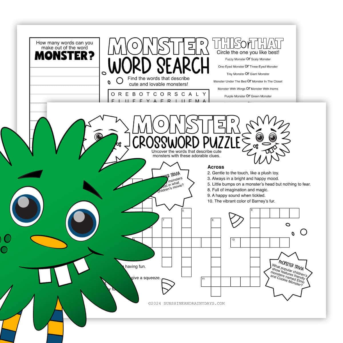 Monster activity sheet with a crossword puzzle and word search.