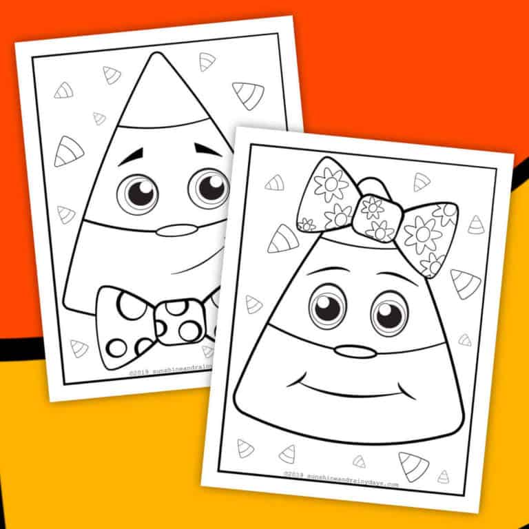 Two Halloween coloring pages with candy corn characters on them.