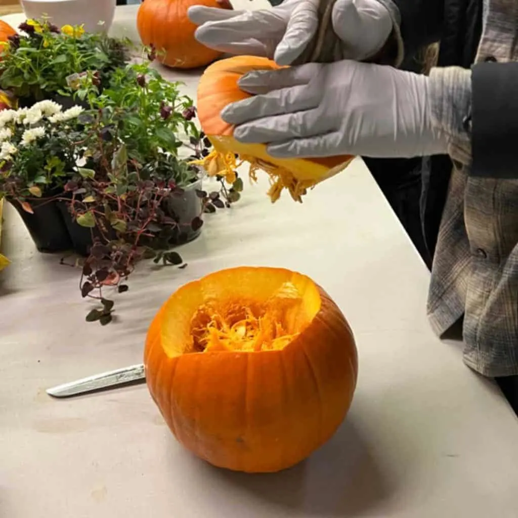 Cutting the top off a pumpkin.