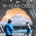 Two teens standing in front of a mural with the words, Gift Ideas For 18-year-olds.