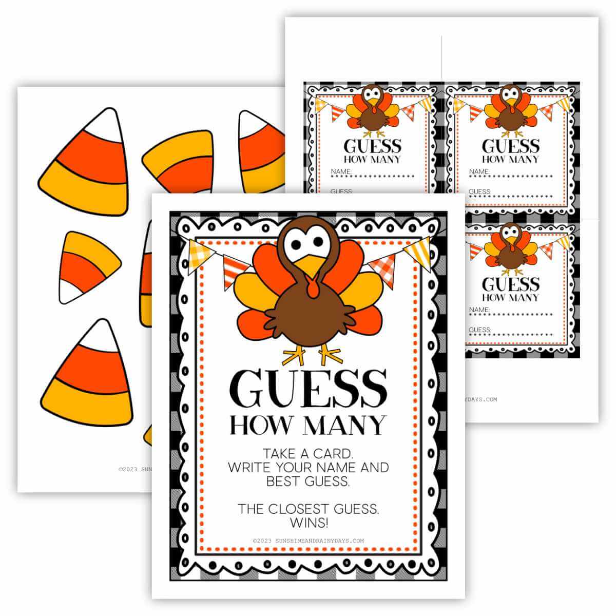 Printable pages for a Guess How Many Thanksgiving Game.