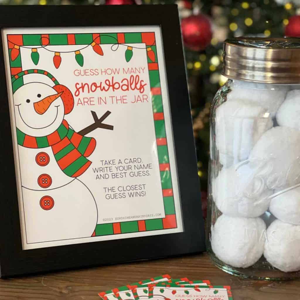 Guess How Many Snowballs Are In The Jar Christmas party game.