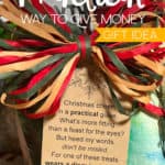 Gift tag with a poem on it tied to a bag of groceries with raffia.