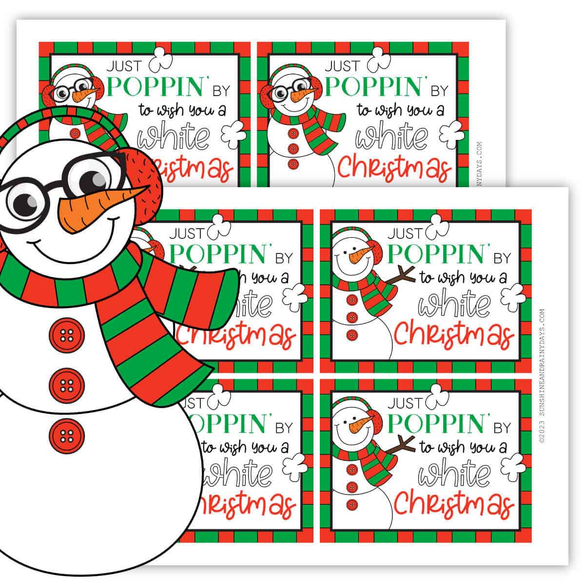 Image of two printable pages with four White Christmas popcorn tags on each page.