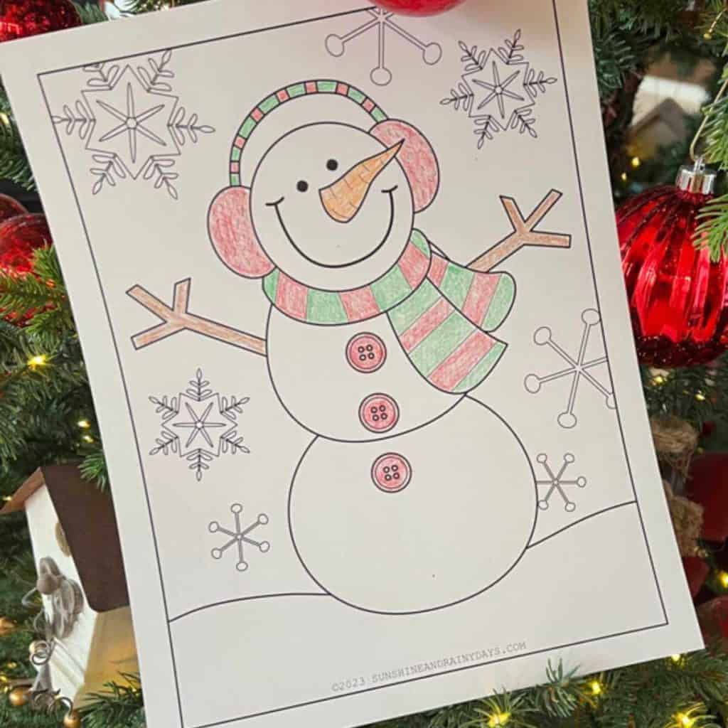 Snowman coloring page you can print at home.