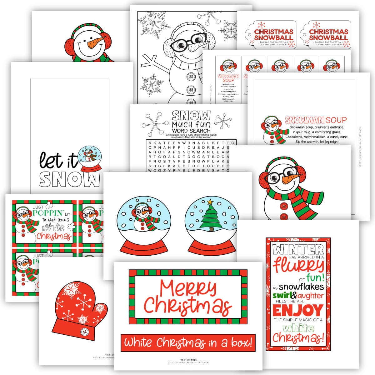 Image of printable pages for a White Christmas care package.