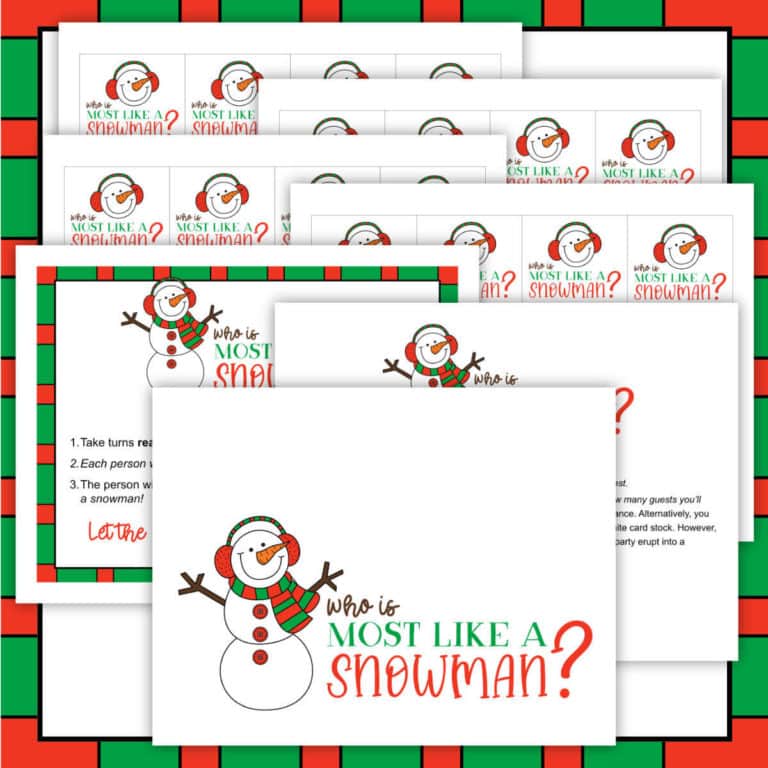 Printable pages for a Christmas party game called Who Is Most Like A Snowman.