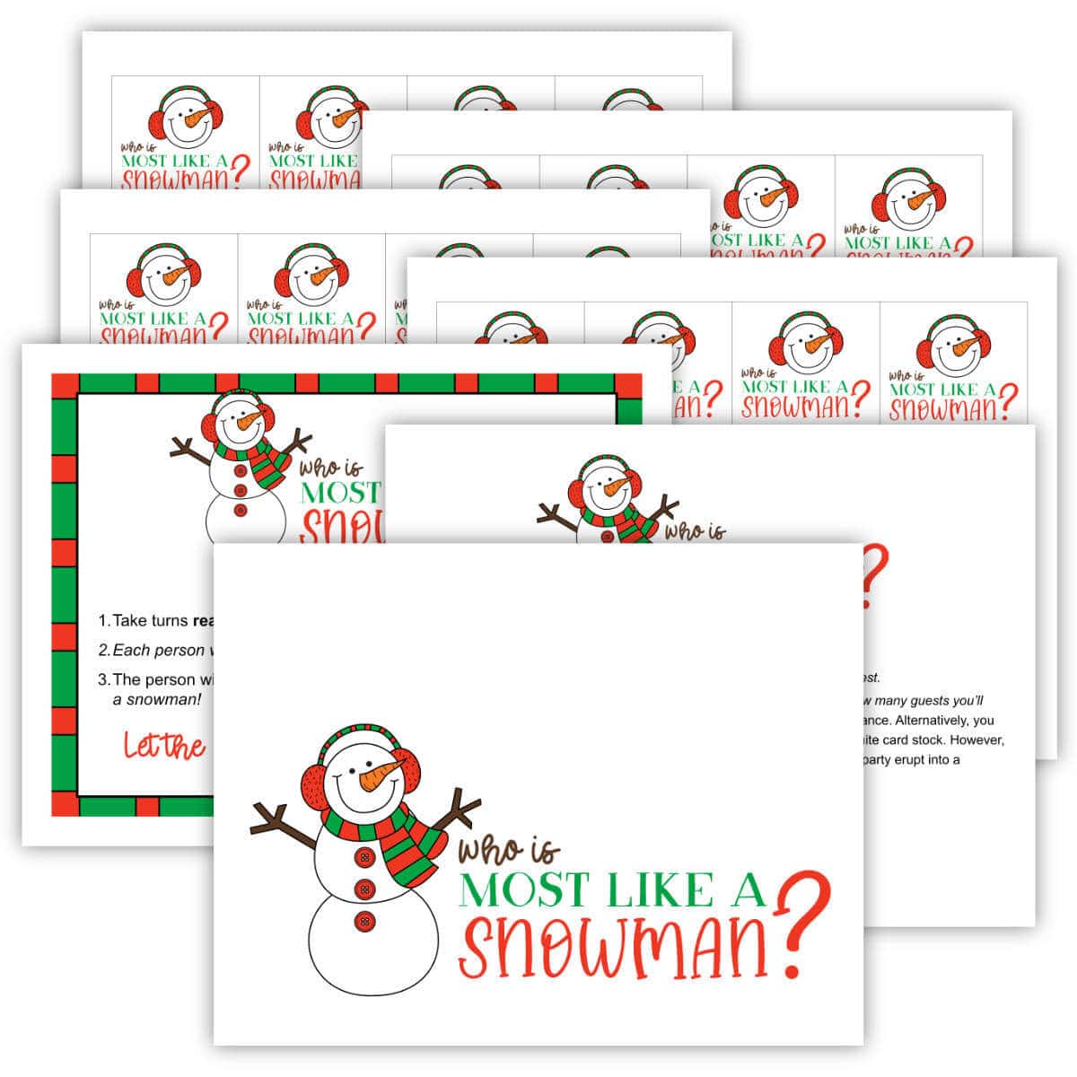 Game printables for a Who Is Most Like A Snowman game.