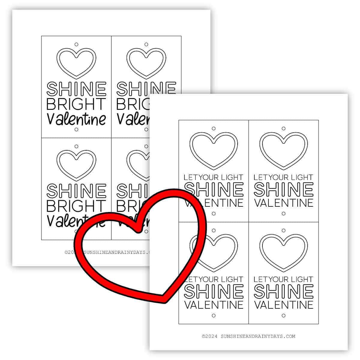 Image of two printable pages with glow stick Valentine sayings.