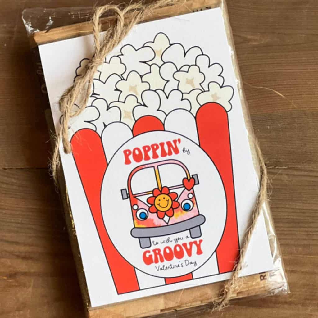 Poppin' By To Wish You A Groovy Valentine's Day tag on a bag of microwave popcorn.