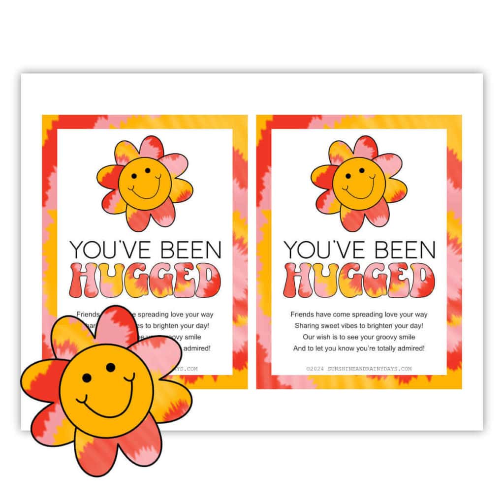 Groovy You've Been Hugged printable page with two cards on the page.