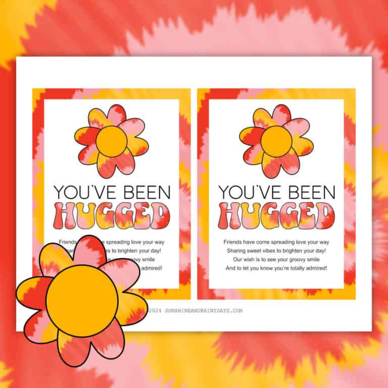 Two printable You've Been Hugged tags on a page with a groovy theme.