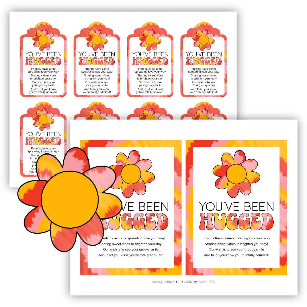 Two pages of Groovy You've Been Hugged Tags in small and large with a clipart flower.