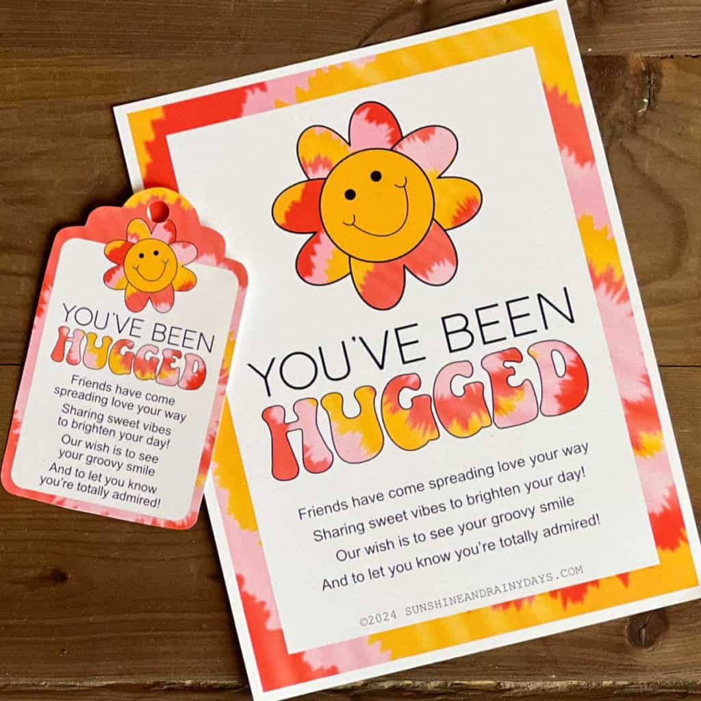 Groovy You've Been Hugged cards and tags you can print at home.