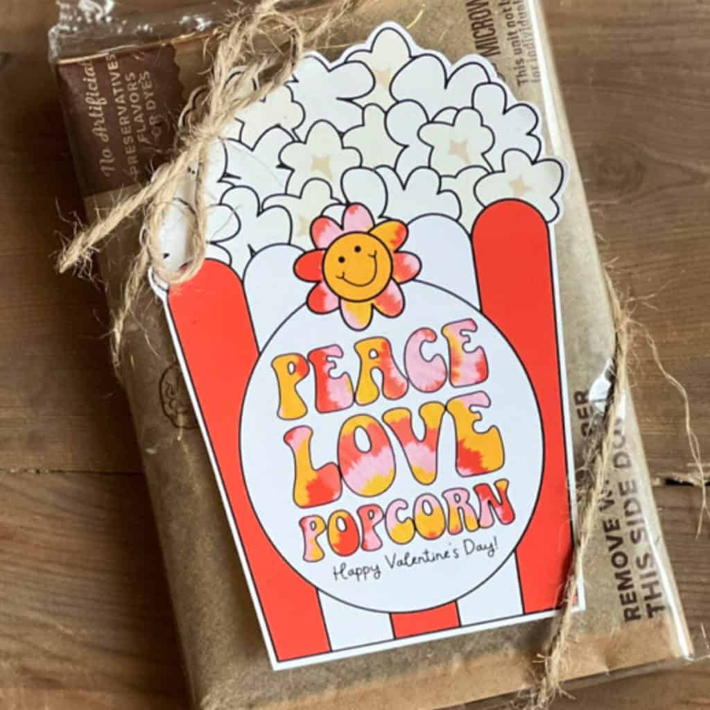 Peace, Love, Popcorn tag on a bag of microwave popcorn.