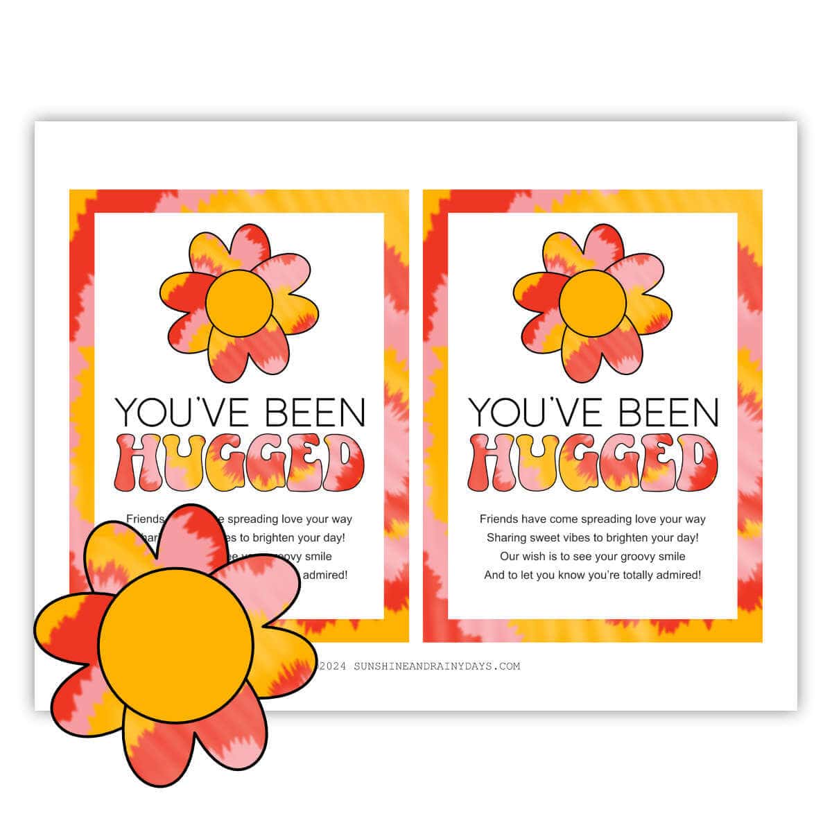 Two You've Been Hugged Tags on one printable page with a groovy theme.