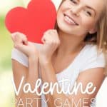 Young girl holding a red heart shape with the words, Valentine Party Games.