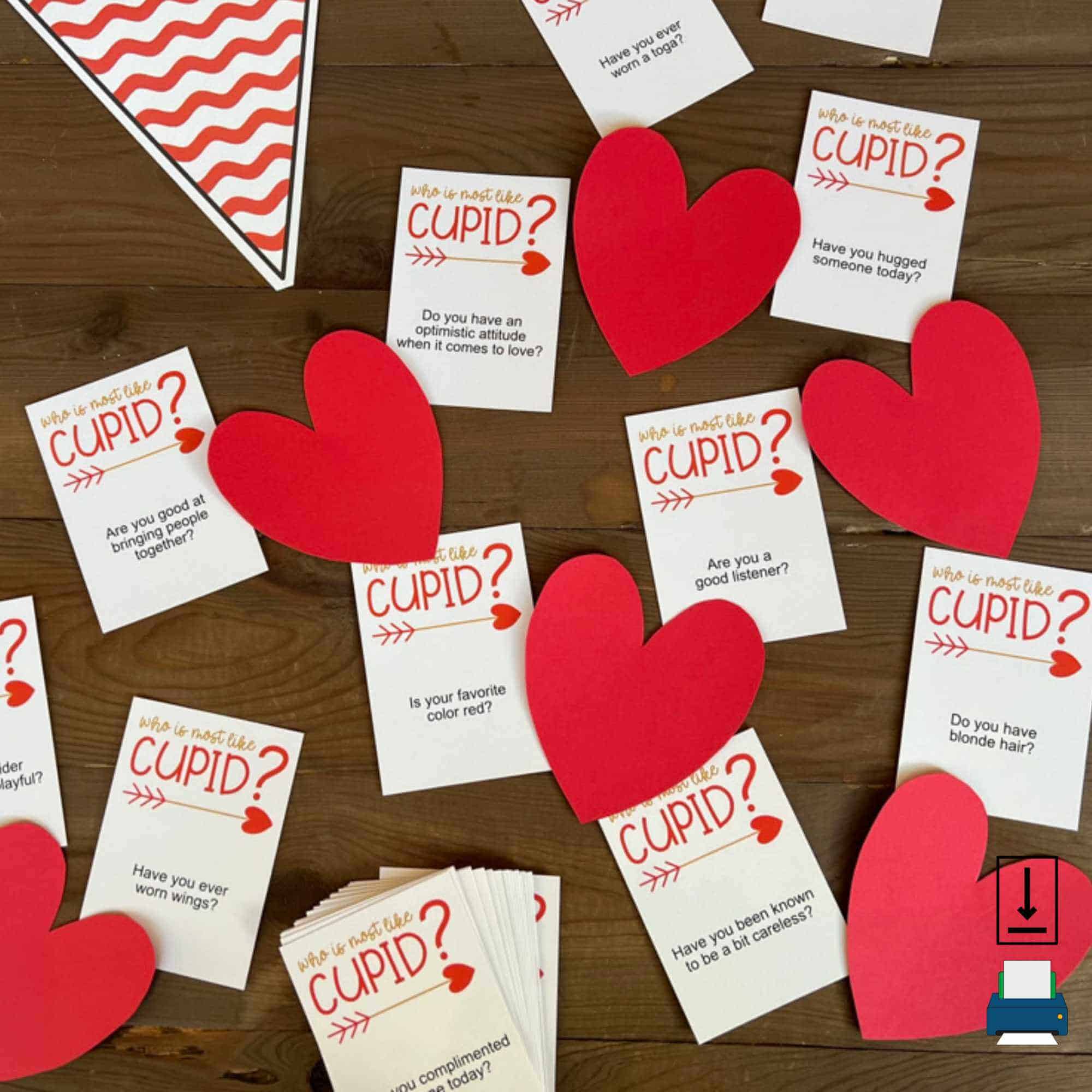 Who Is Most Like Cupid game cards and hearts.