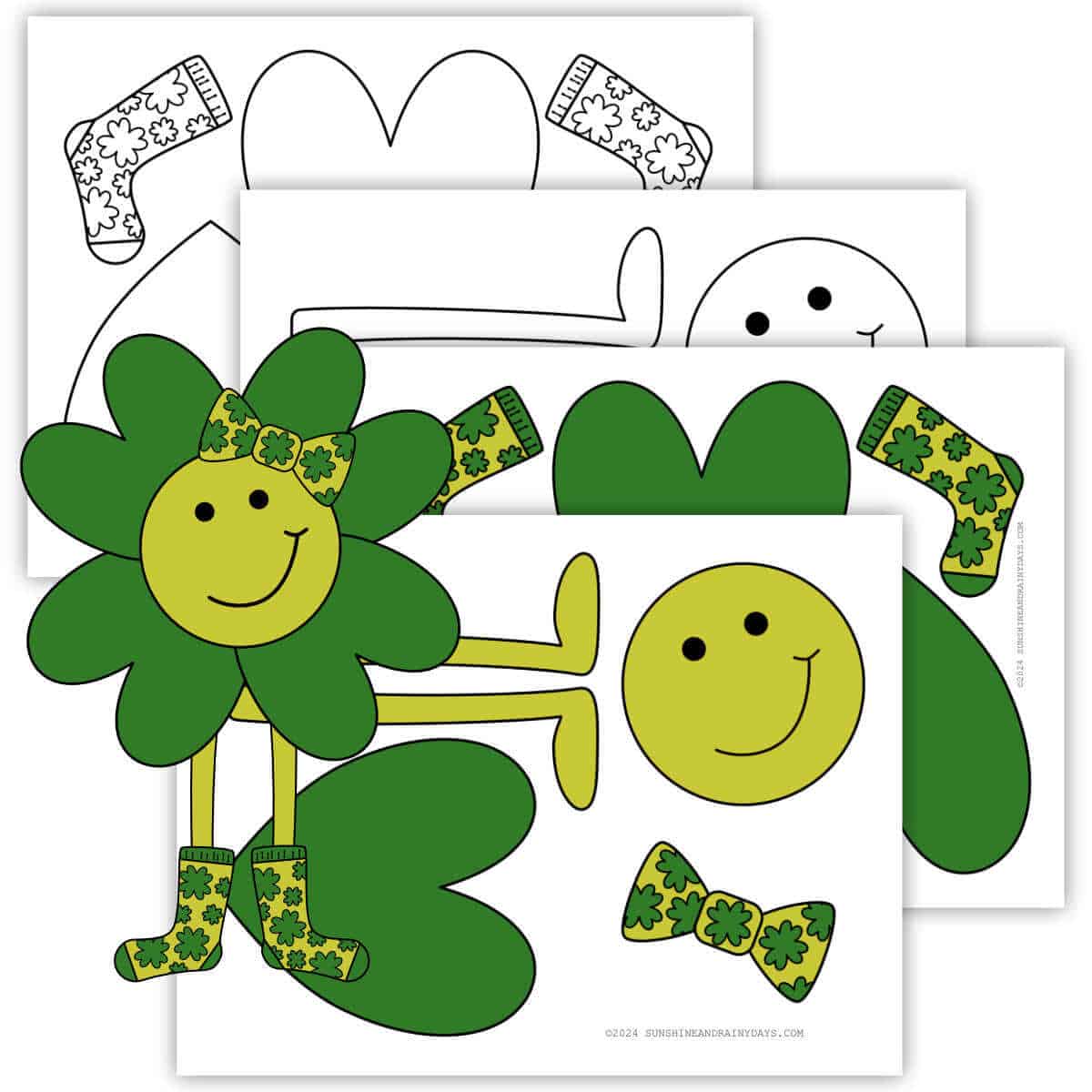 Four printable pages of a four-leaf clover character in full color and black and white.