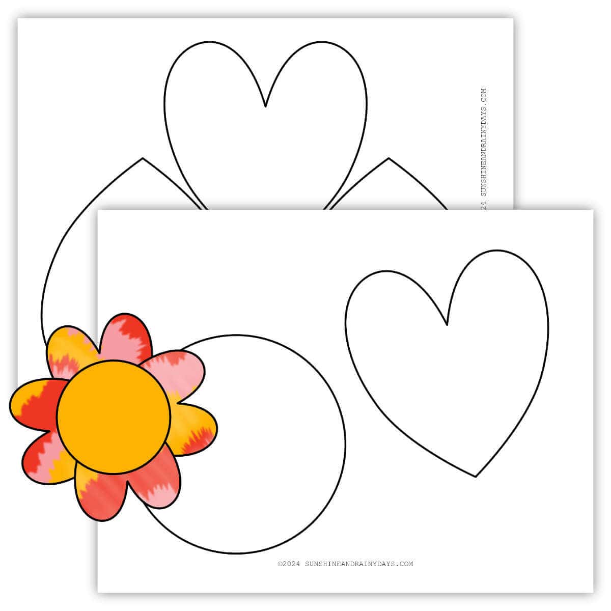 Two printable pages of a heart flower template with a clip art flower in front.