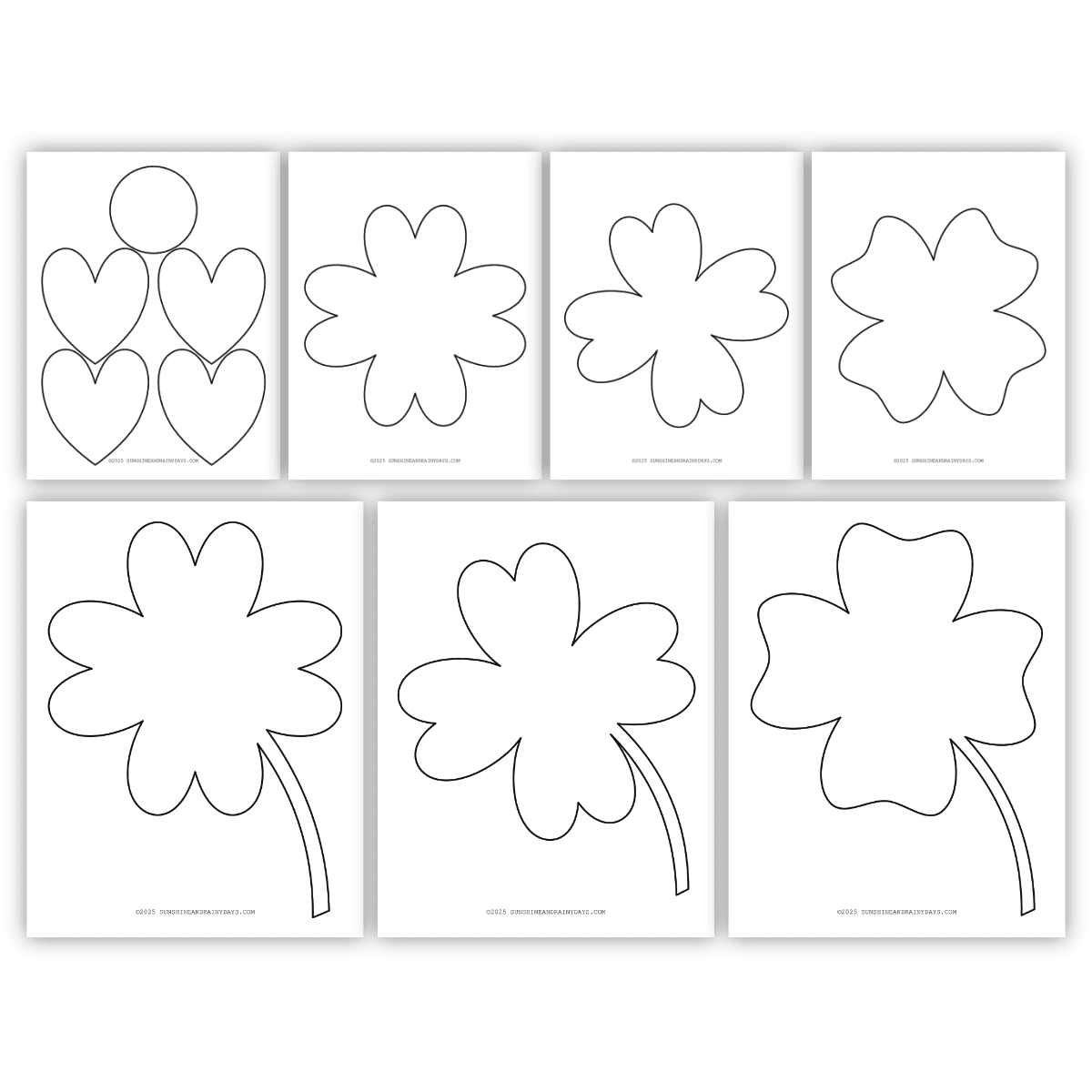 Printable four-leaf clover templates in different shapes.