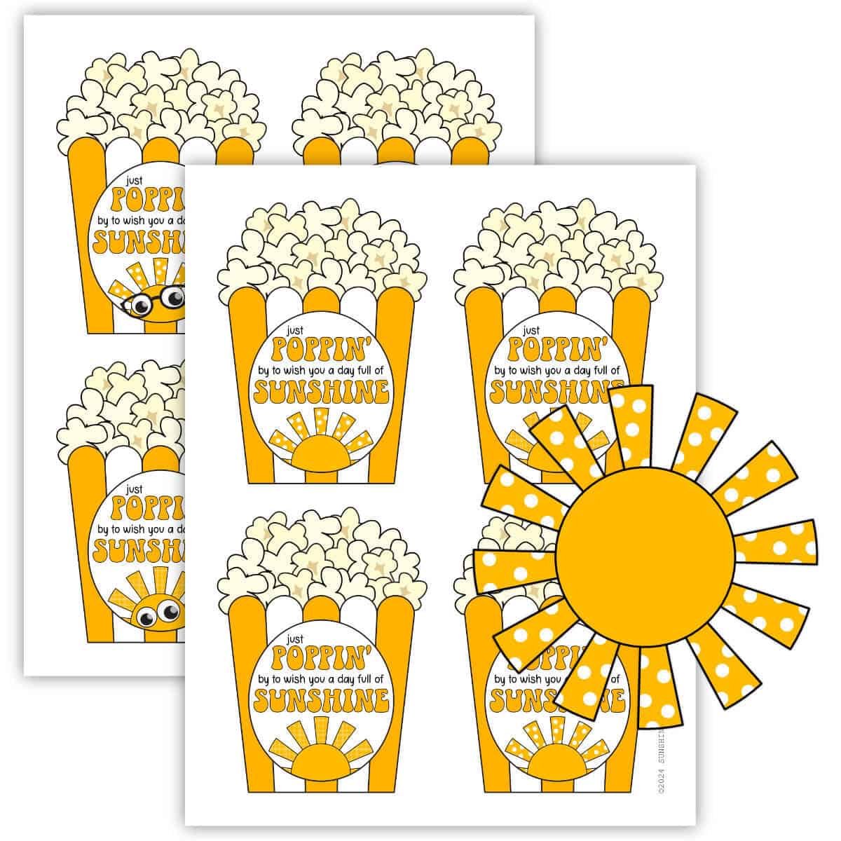Image of two printable pages with sunshine popcorn tags on them and a clipart sunshine in front.