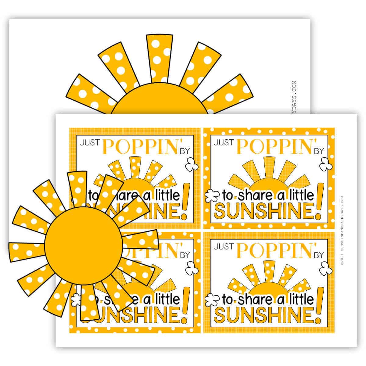 Image of two printables. One with four sunshine popcorn tags and one with a clipart sun.