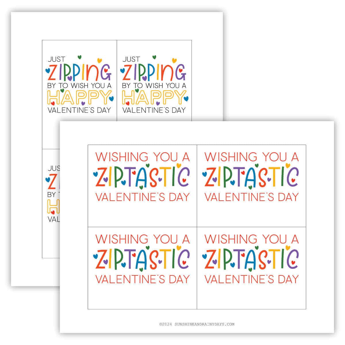 Image of two printable pages with four Zipper Bracelet Valentines on each one.