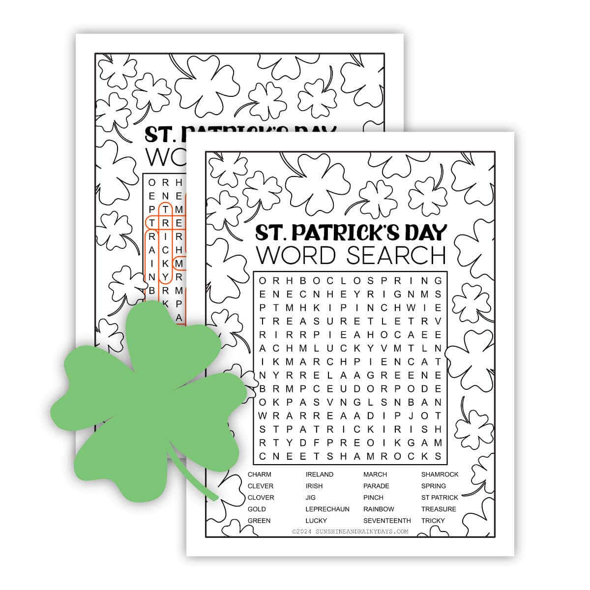 St. Patrick's Day word search printable and answer sheet with a clip art four-leaf clover.