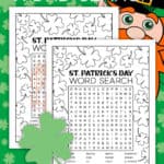 Printable St. Patrick's Day word search and answer sheet with a clip art leprechaun and four-leaf clovers.