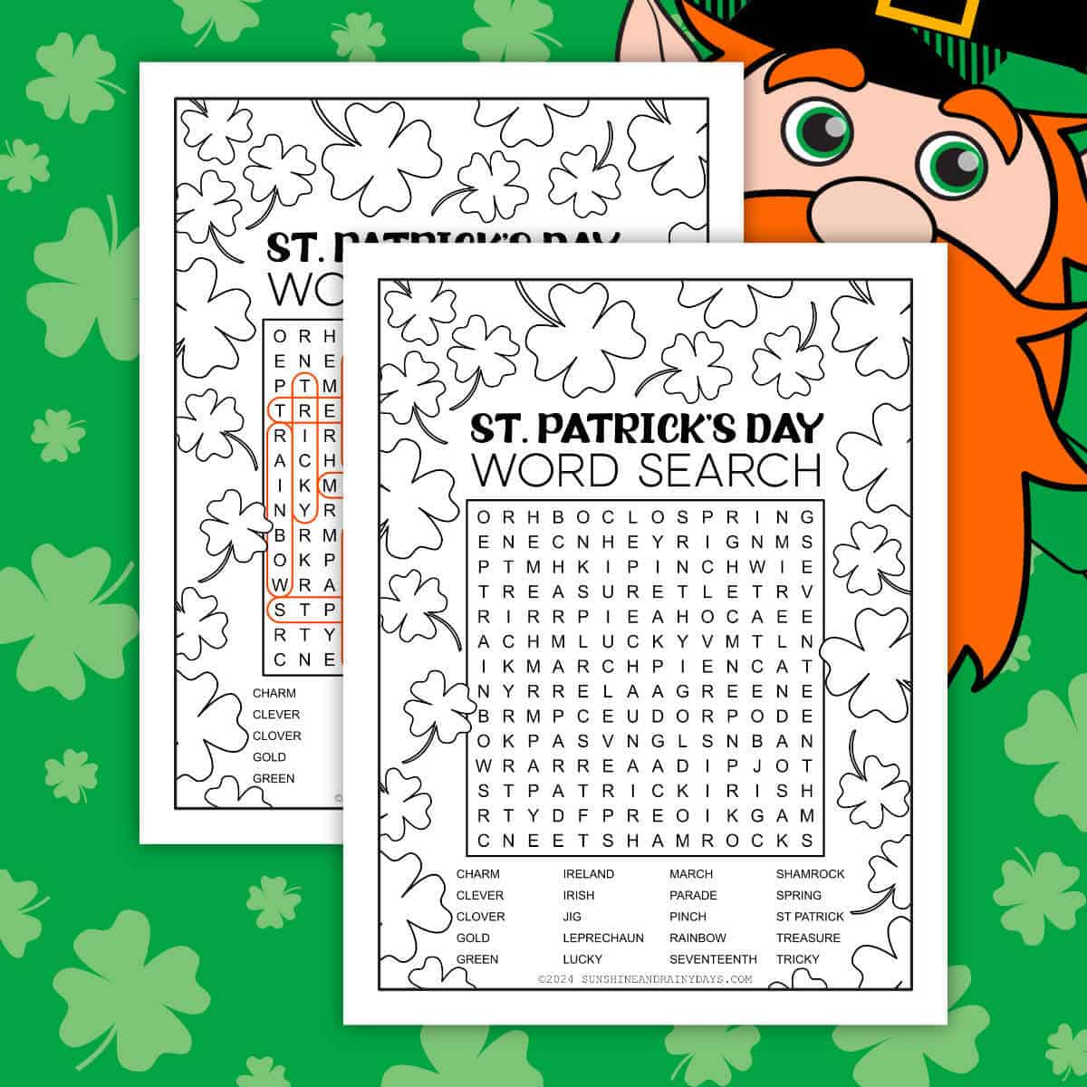 Image of a printable St. Patrick's Day word search and answer sheet with clip art leprechaun and four-leaf clovers.