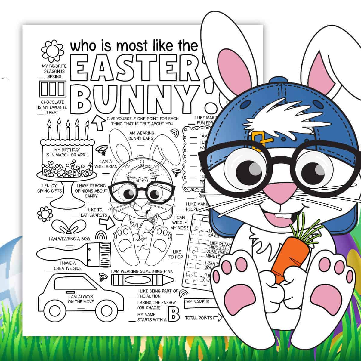 Image of a printable Who Is Most Like The Easter Bunny game with a clipart bunny wearing a hat in front.