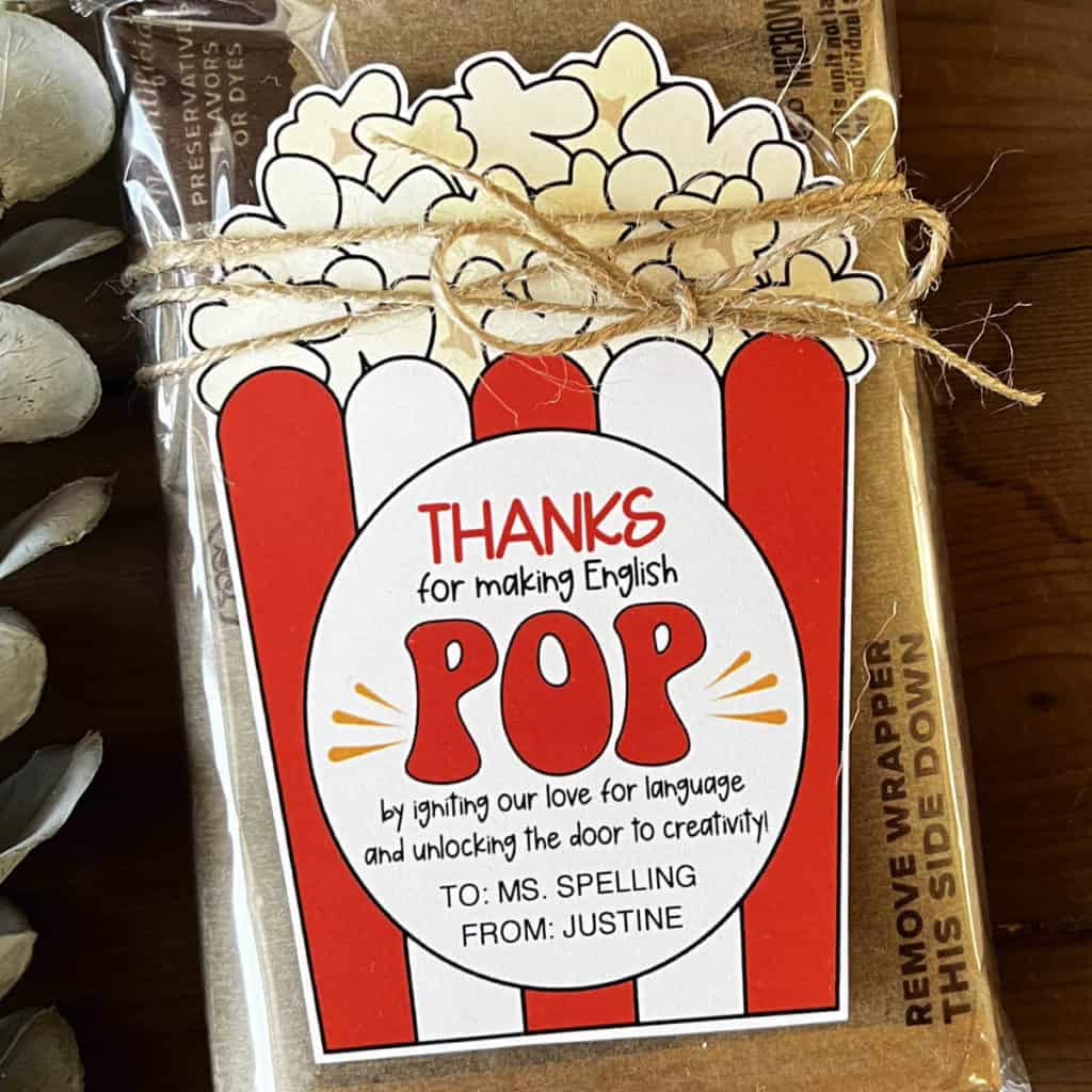Teacher appreciation popcorn gift for English teachers.