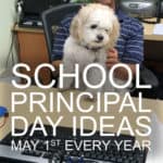 School principal at his desk with his dog.
