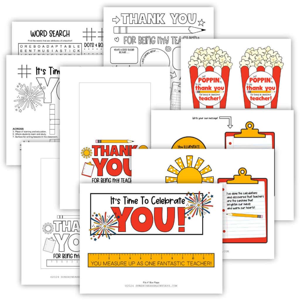 Teacher appreciation gift box printable pages.