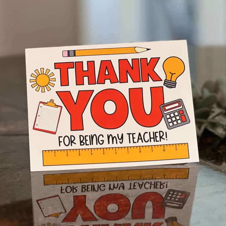 Teacher thank you card that was printed at home.