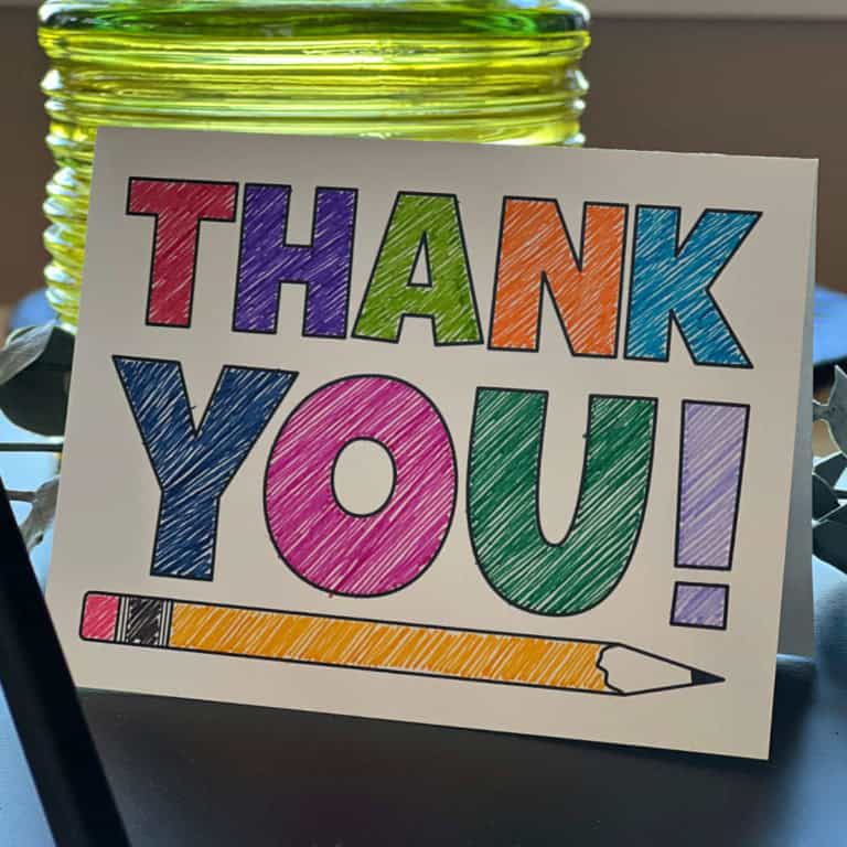 Teacher thank you card that has been colored.