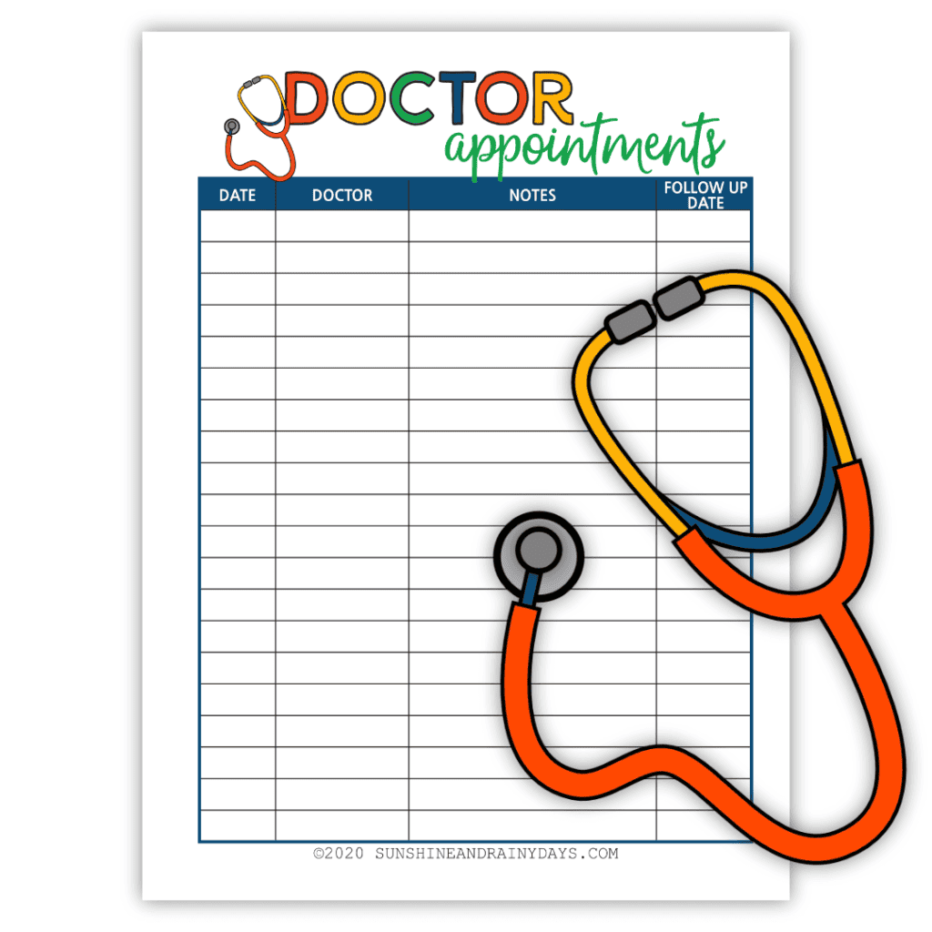 Doctor appointments printable for a Medical Binder