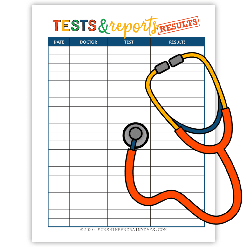 Tests and Reports printable for a Medical Binder.