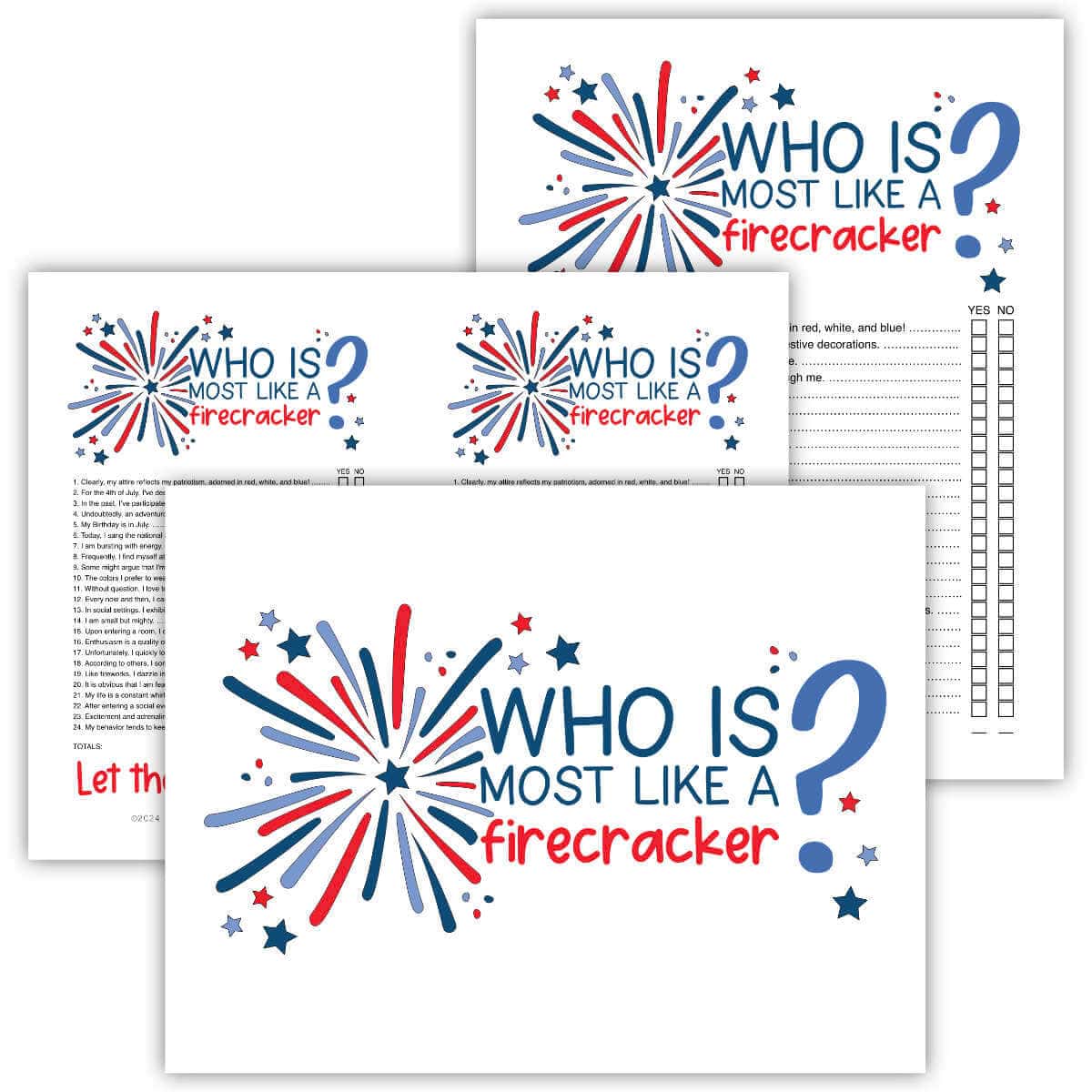 Who Is Most Like A Firecracker printable game pages in red, white, and blue.