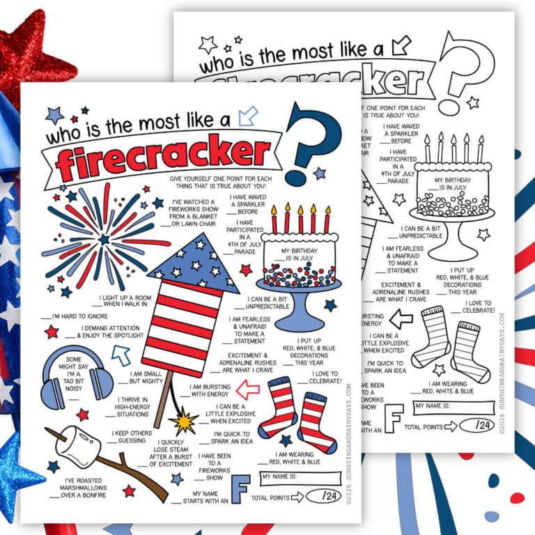 Image of a full color and black and white version of a Who Is The Most Like A Firecracker game.
