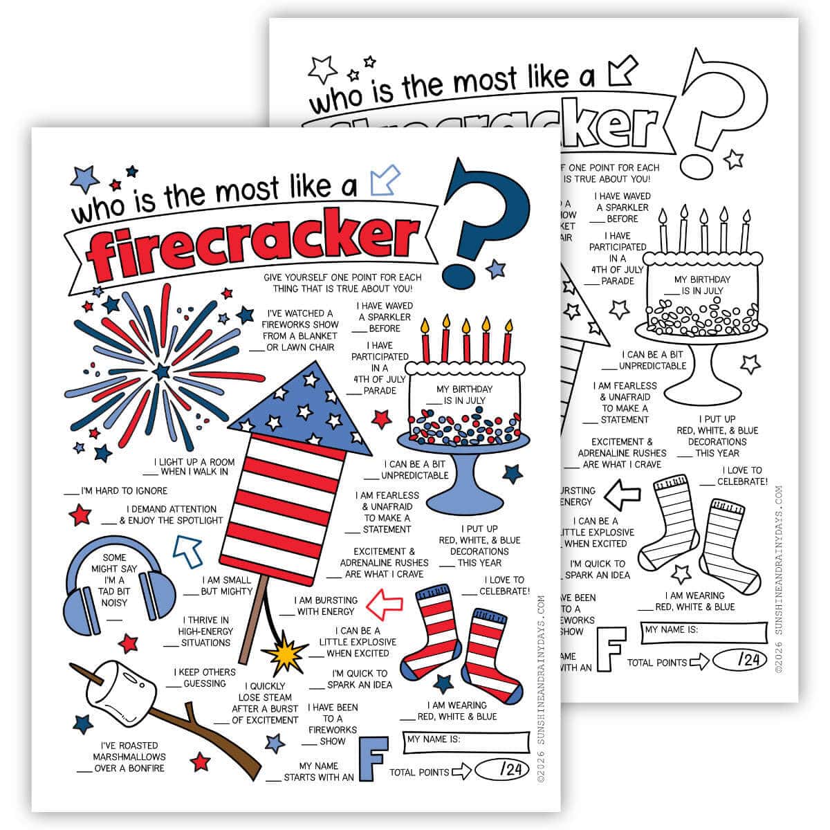 Image of two Who Is The Most Like A Firecracker printable pages that are identical except one is in color and the other is black and white.